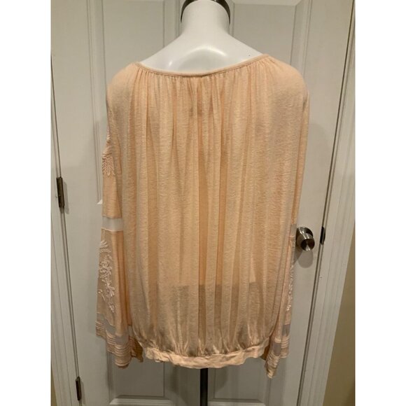 Free People Pale Peach Long Sleeve Top Embroidered Mesh Bell Sleeves, Size M - Picture 6 of 8
